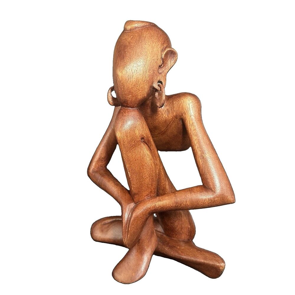 Hand Carved Balinese Suar Wood Yogi Statue Abstract Meditation Sculpture 12.5”